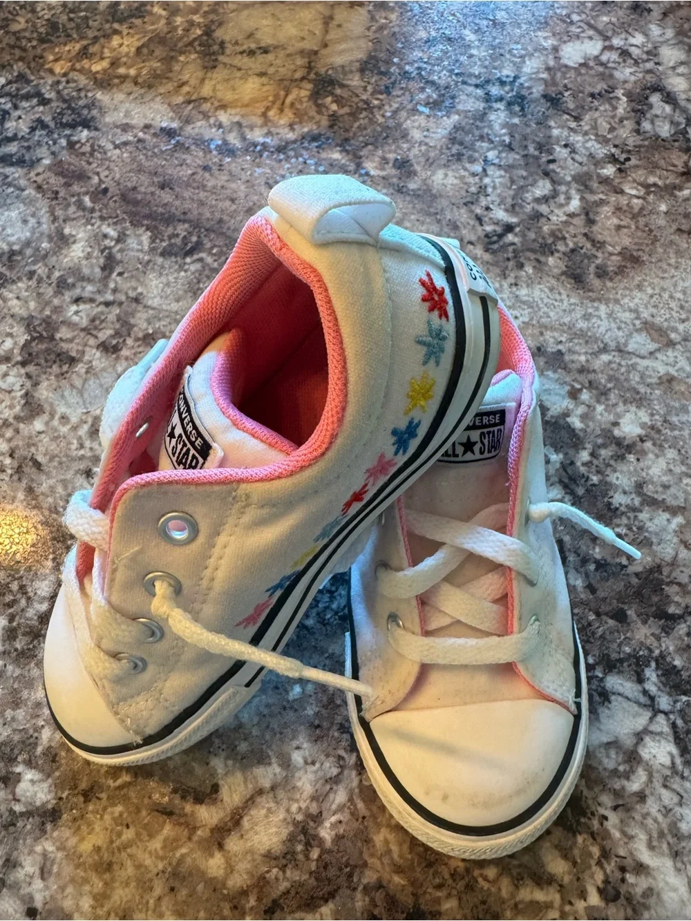 Converse Kids' White Canvas Sneakers with Pink Lining and Multicolor flowers